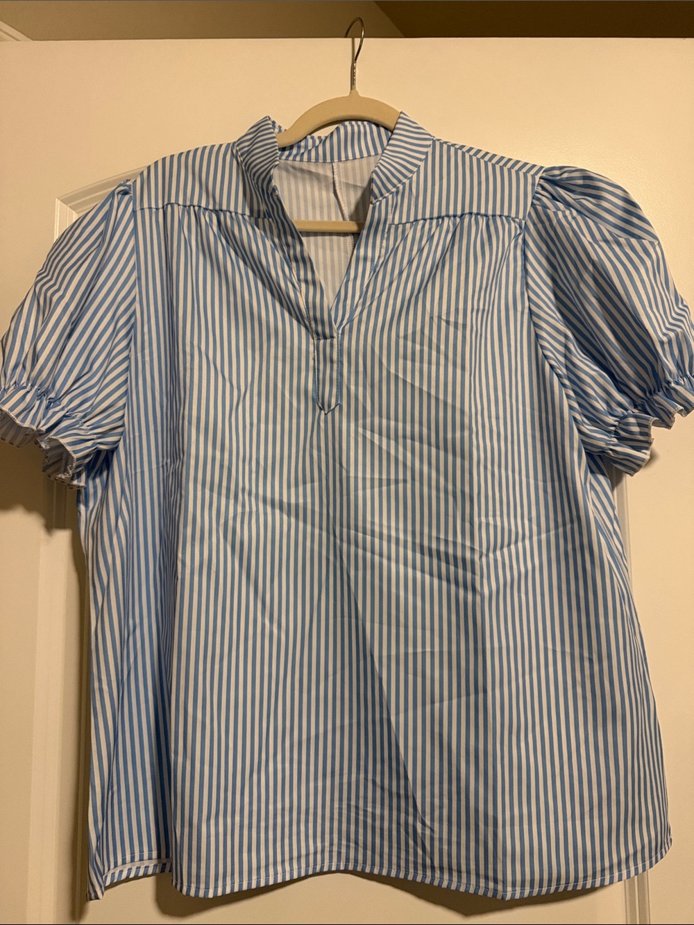 SHEIN Blue & White Striped Puff-Sleeve Blouse